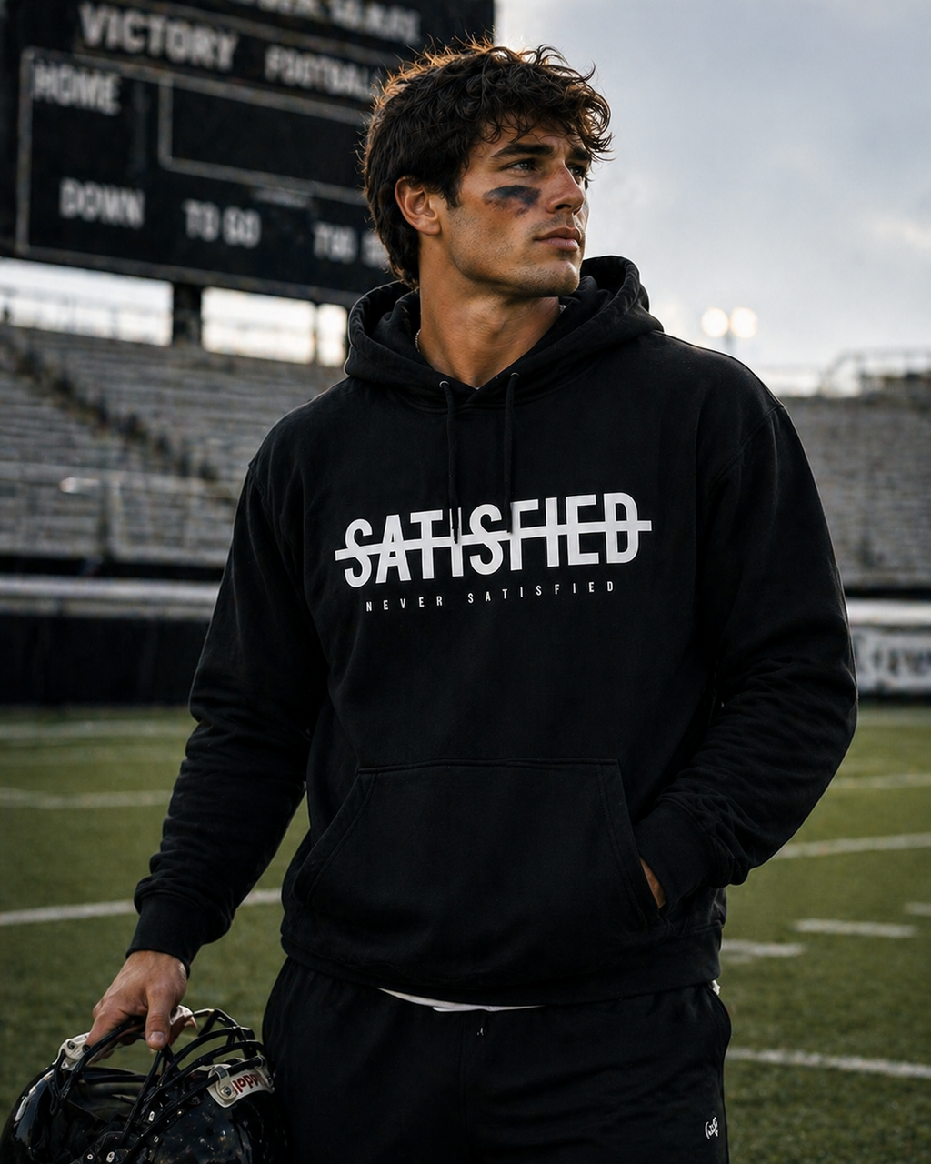 Black Never Satisfied hooded sweatshirt shown at a football field